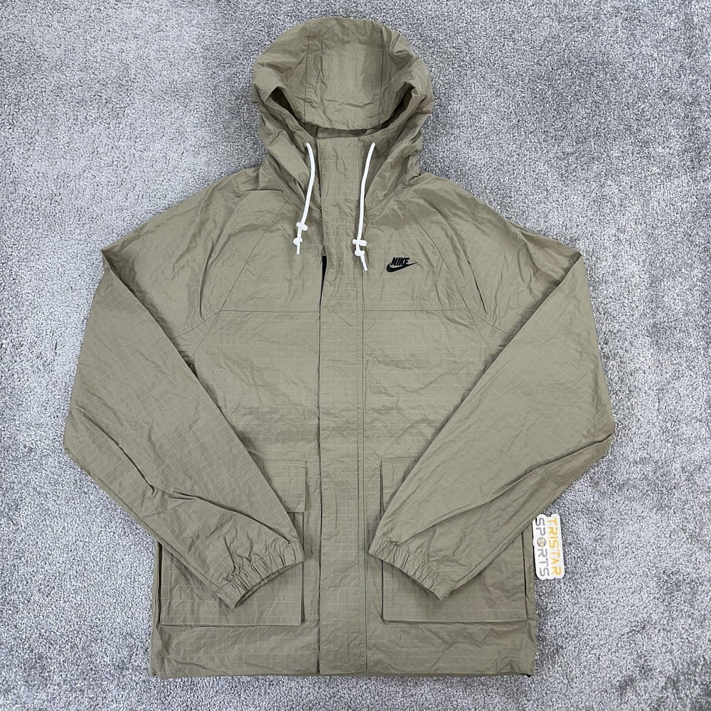 Nike Jacket Mens XS Khaki Ripstop Hooded Windbreaker Loose Fit Zip FN3108-247
